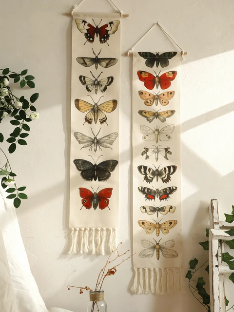 Tapisserie murale Vintage Boho papillon papillon, bannière en coton avec glands, décoration de maison naturelle rustique pour salon chambre à coucher, 1 pièce 2