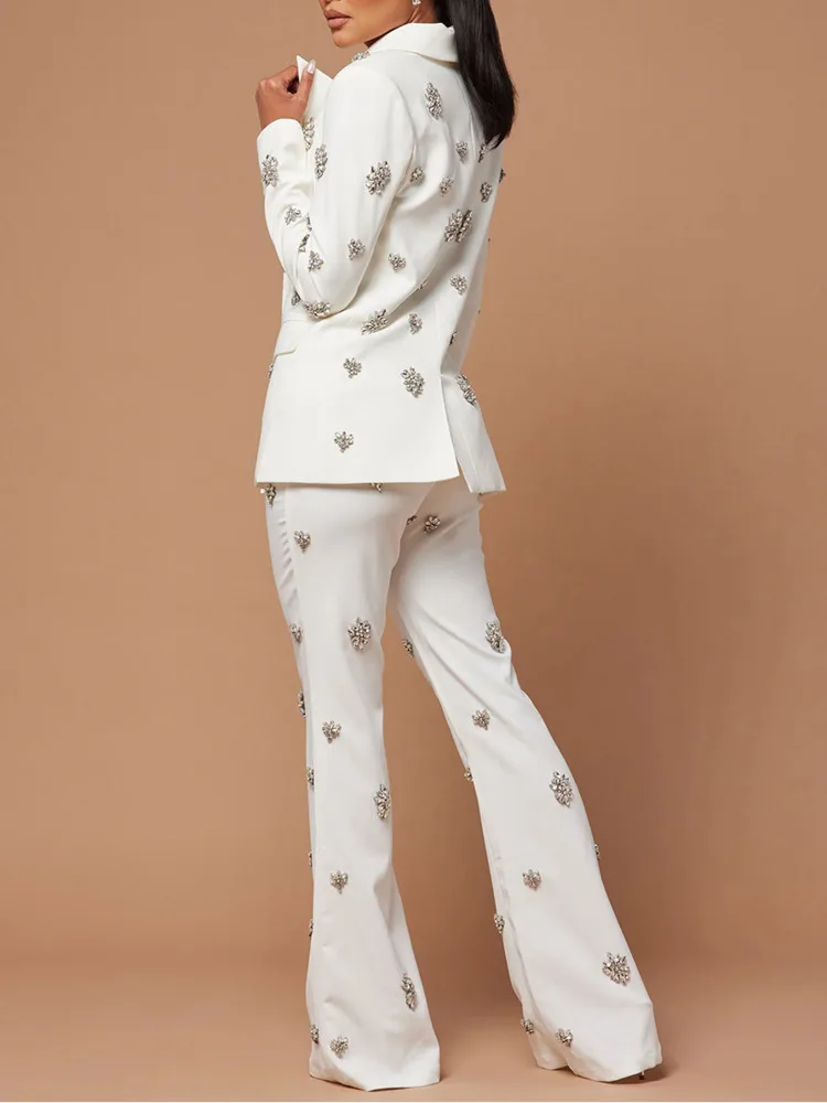 EOEN Patchwork Diamonds Two Piece Set For Women Notched Collar Long Sleeve Blazer High Waist Flare Pant Chic Sets Female 4
