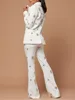 EOEN Patchwork Diamonds Two Piece Set For Women Notched Collar Long Sleeve Blazer High Waist Flare Pant Chic Sets Female 4