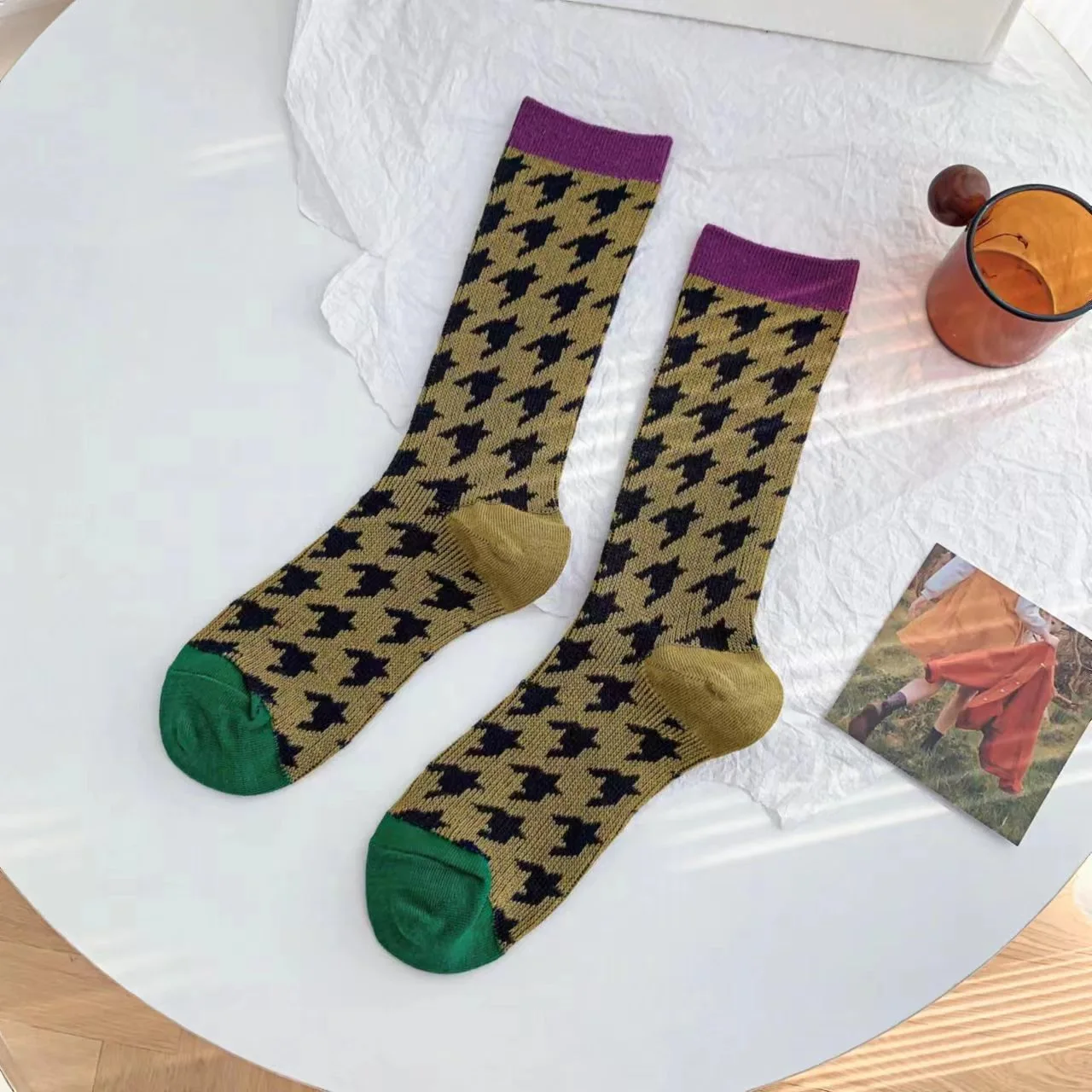 1 Paar Damen Vintage Geometrische Socken, Mittellange Socken, Doppelnadel-Doppelpfad-Design, Modische Baumwollsocken – Detail 20