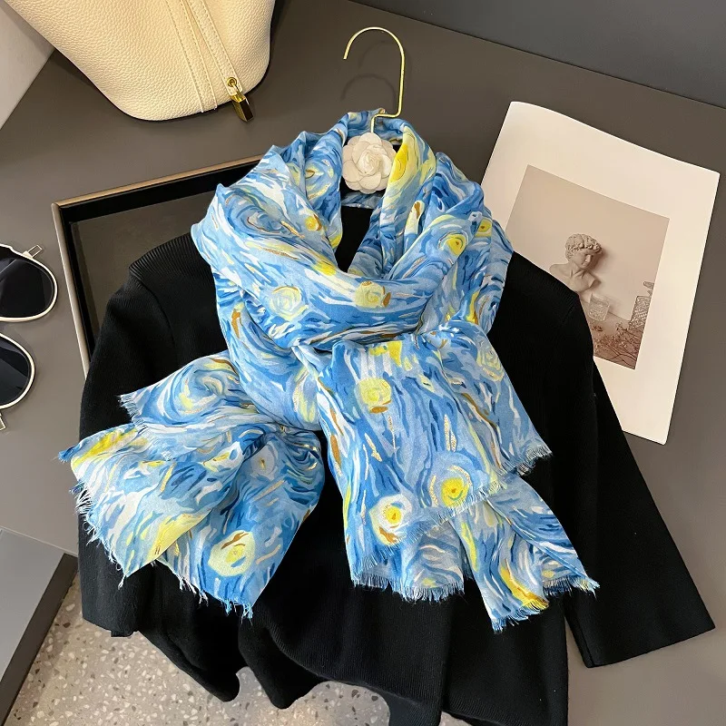 Neue Winter van Gogh Sternennacht Fransen Viskose Schal Schal Dame hochwertige Wickel Pashmina gestohlen Bufandas muslimischen Hijab 180*90cm – Detail 2