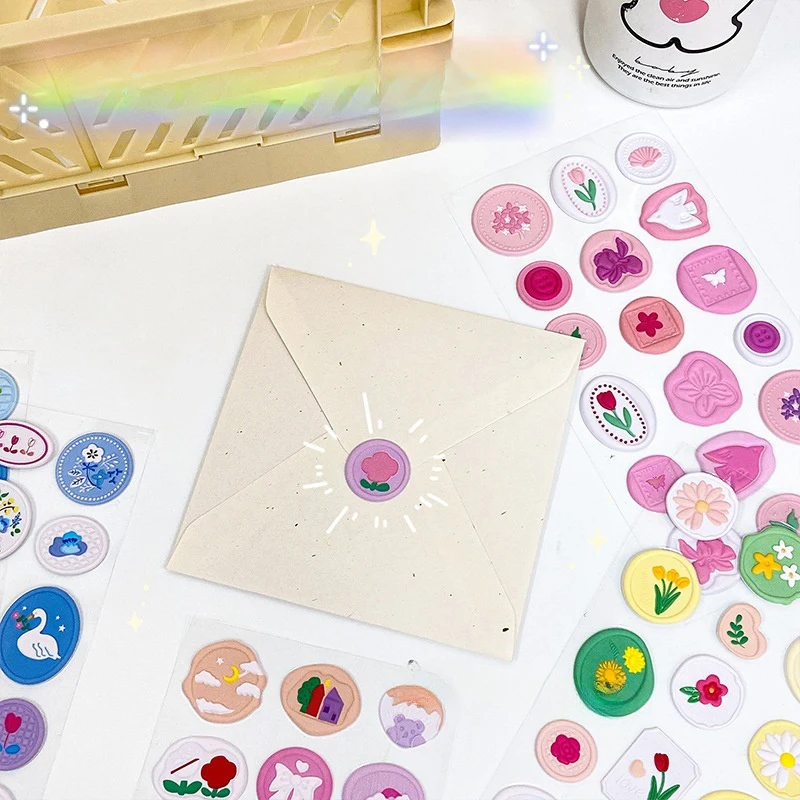 3D Wax Seal Stickers Korean Embossed Seal Stamp Stickers Self Adhesive Wedding Invitation Envelope DIY Scrapbook Gift
