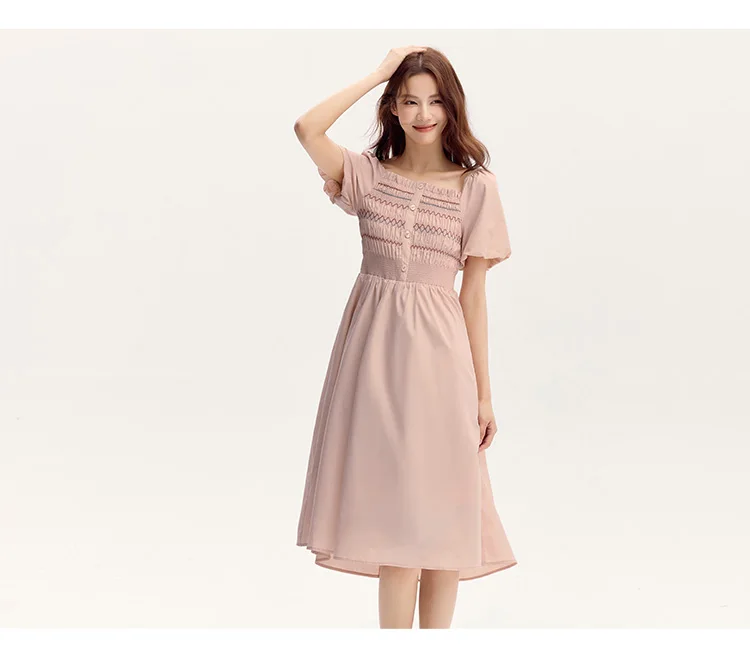 Vestido de mujer con escote cuadrado, mangas abullonadas, corte ajustado y elegante, nuevo vestido de verano divertido y elegante de largo medio.