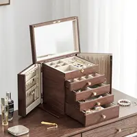 Black Walnut Wooden Jewelry Box, 5-Layer Solid Wood Jewelry Organizer with 2 Side Doors Mirror Lockable Classical Style 2