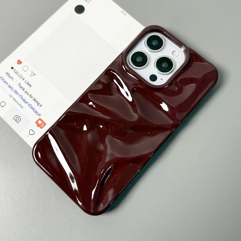 Glossy Wine Red 3D Water Ripple Texture Silicone Phone Case