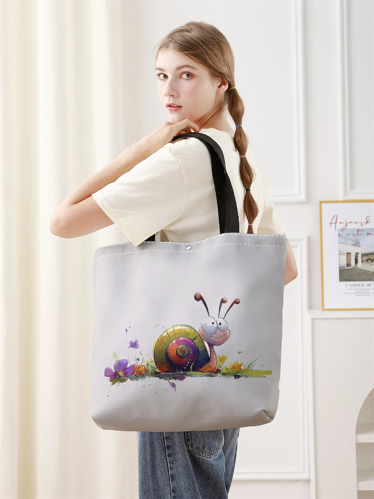 1pc， Snail patterned handbag, reusable fashionable handbag, multifunctional handbag, printed canvas shopping bag