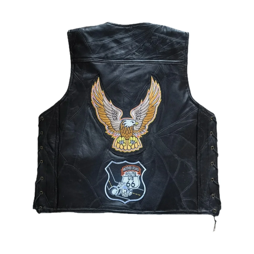 Men's Genuine Leather Vest Motorcycle Riding Jacket Gold Eagle Embroidery Badge Style Biker Vest Streetwear Straight Cut - 6
