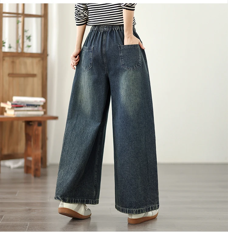 Loose Fit Straight Leg Jeans High Waist Cotton Polyester Blend Casual Wide Leg Pants Heavy Embellishment Bootcut Trousers