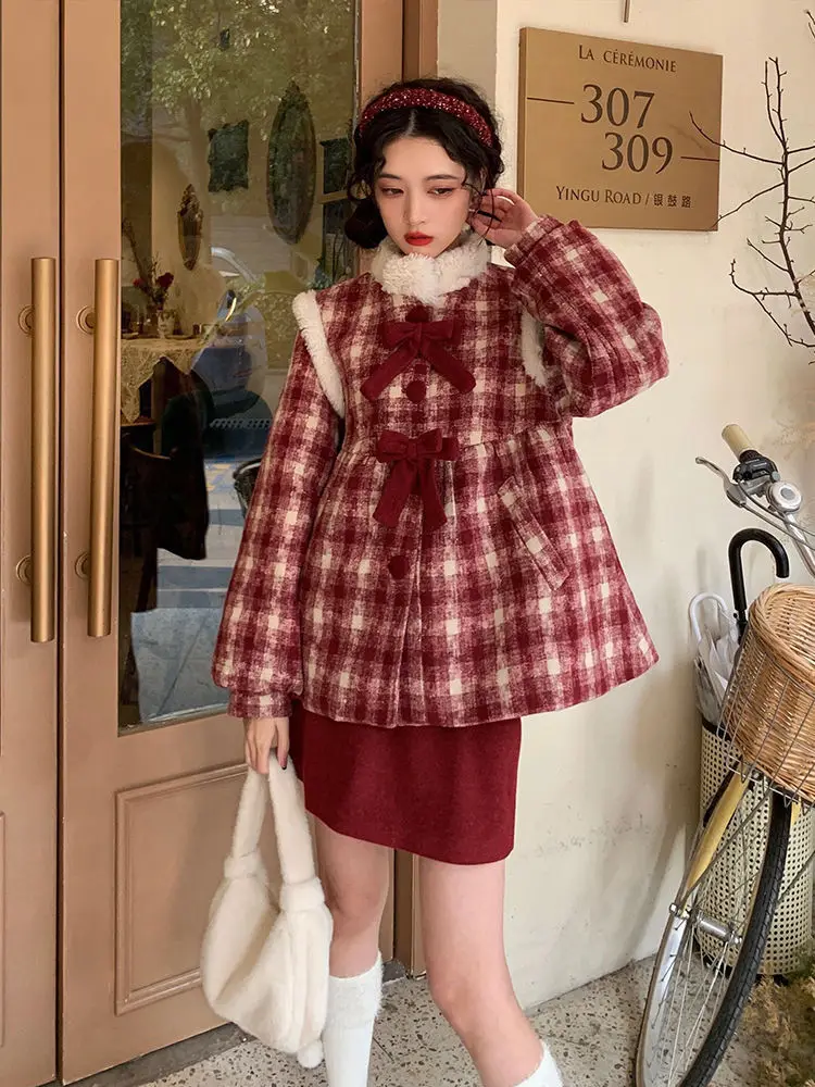 Korea Women's Sets Winter New Fashion Temperament Fur Collar Red Plaid Loose Coats Short Woolen Dress Two Piece Women's Clothing