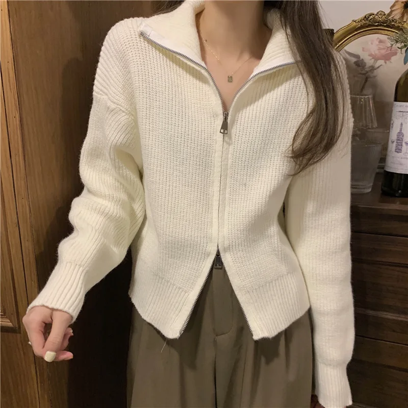 

Женский свитер с высоким воротником и двойной молнией, короткий вязаный кардиган в рубчик, пальто, осень 2023, мягкий приталенный Вязаный топ в стиле преппи