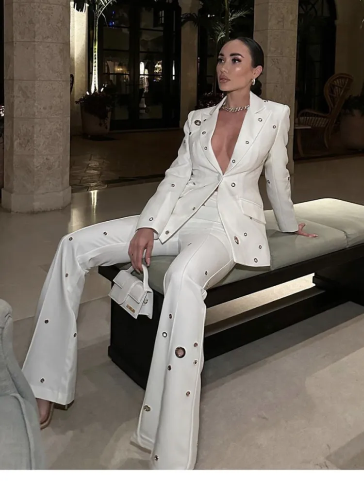 

Top Quality Brand New Sexy Long Sleeve White Eyelet Women Blazer 2 Piece Set 2023 High Street Celebrity Women's Pants Suit
