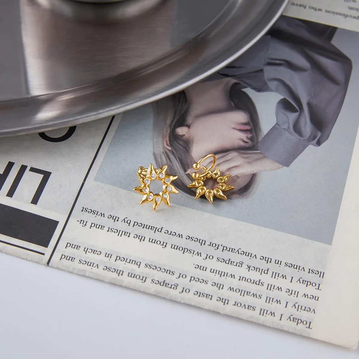 Unusual Shining CZ Zircon C-shape Hoop Earrings Hollow Out Flower Geometric Ear Stud for Women Stainless Steel Delicate Jewelry