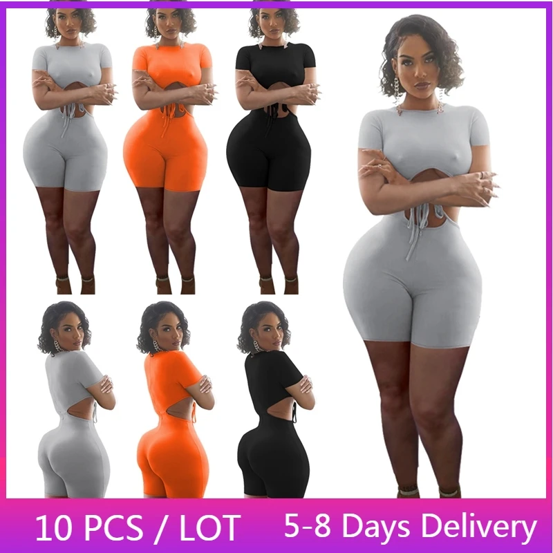 

Wholesale Items Hollow Out Romper Playsuit Women Clothing Streetwear Solid Lace-up Bodycon Jumpsuit Summer Club Black Jumpsuit