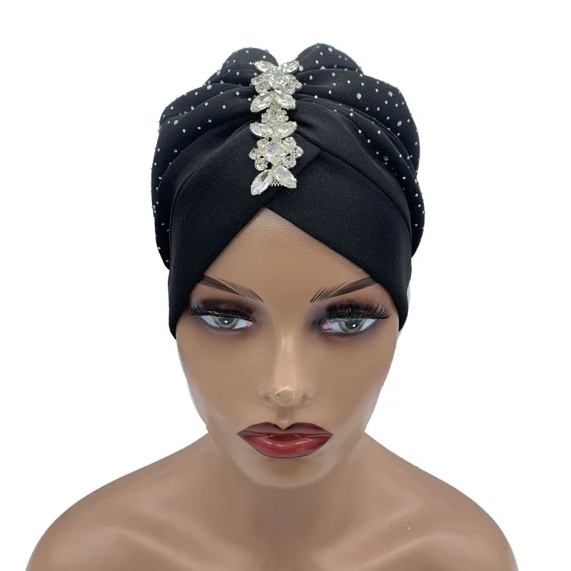 JDYaoYing Women's Turban Hat - Shinny Beading With Pre-Tied Big Bow, Head Wrap Cap, Muslim Ruffle Cap (Black, Size 6)