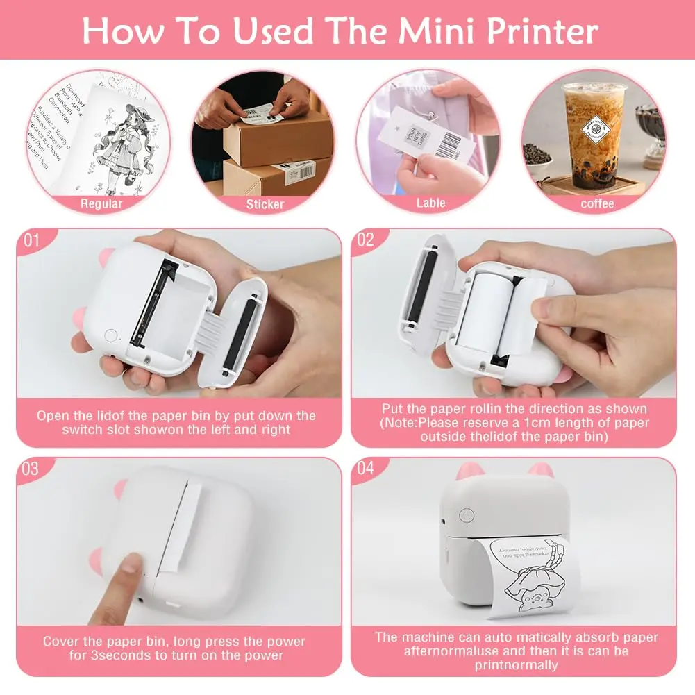 thermal printer with 13 rolls of paper, Bluetooth mini cute printer used for storing notes, photos, stickers, labels, receipts