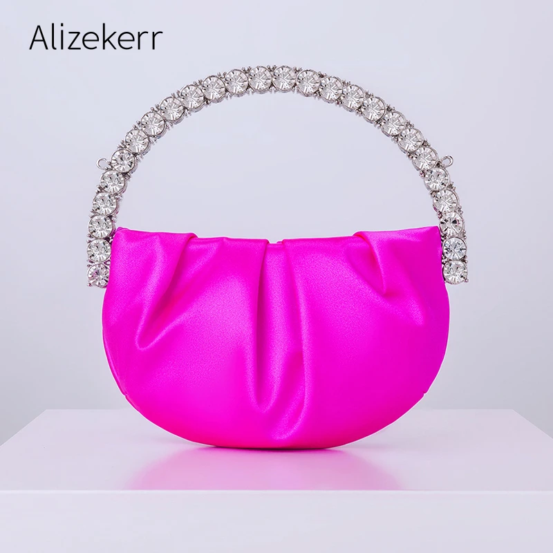 Bolsos De noche circulares de cristal para mujer, Mini de mano de satén con pliegue diamantes de para fiesta de boda| | - AliExpress