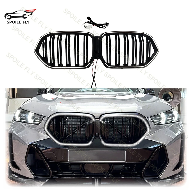 BMW X6 G06 2020-2023 듀얼 라인 스타일 라이트 레이싱 그릴 램프 그릴 LED 그릴 고품질 ABS 글로스 블랙 바디 키트