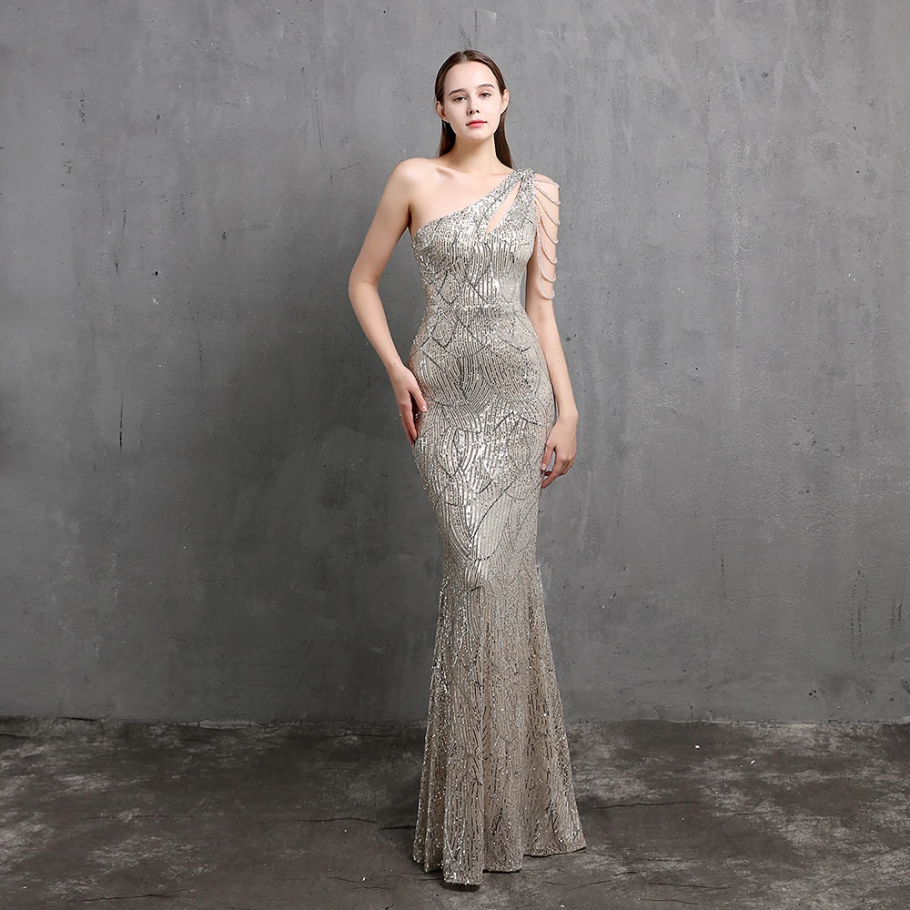 Elegant Sequin Dresses for Wedding Guest One Shoulder Dress for Women With Bead Maxi Formal Gowns