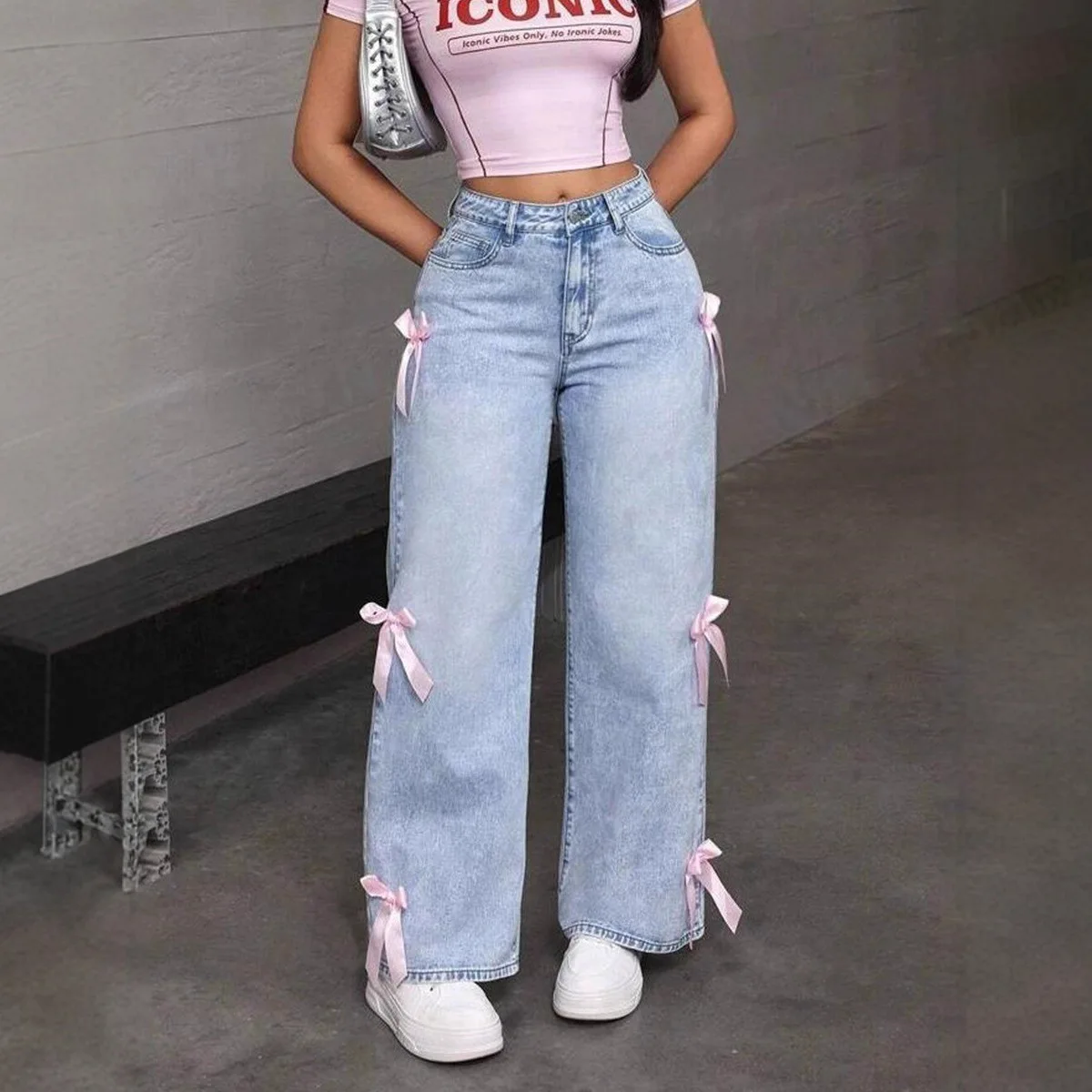 Y2K American Bow Washed Jeans Street Loose Straight Leg Wide Leg Pants 1