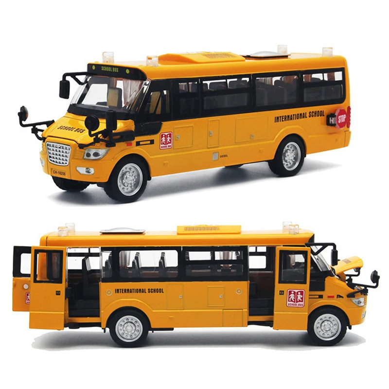 1/32 large die-cast alloy school bus children's toy car inertia car model toy pull back car light music boy gift music story light car toys for kids transformable boat parking lot model track inertia boat diecasts police car children boy toy