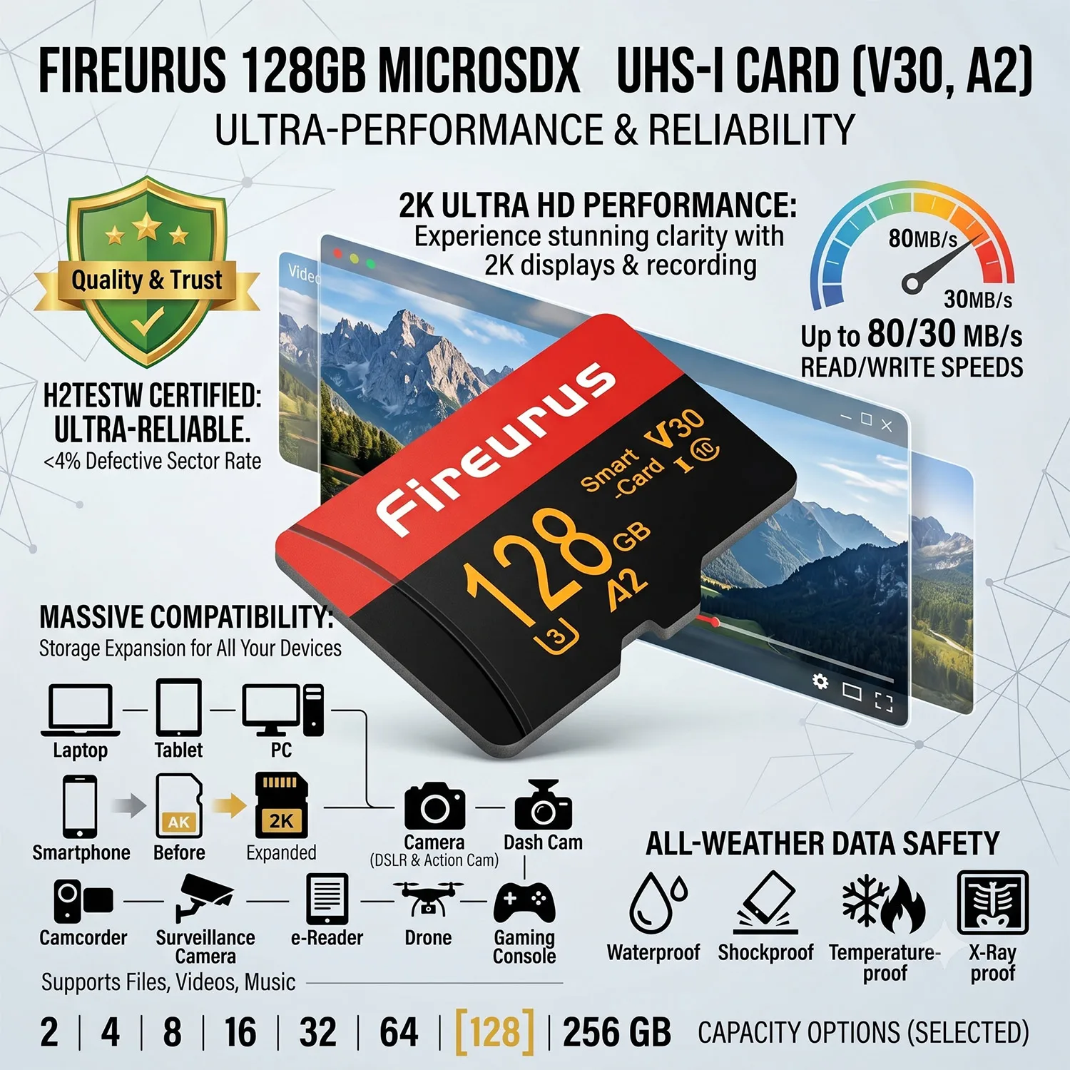 새로운 V30 A2 U3 TF/SD 카드 고속 플래시 메모리 카드 256GB 128GB 64GB 32GB 다양한 기기용 고용량 메모리 카드 마이크로 TF/SD
