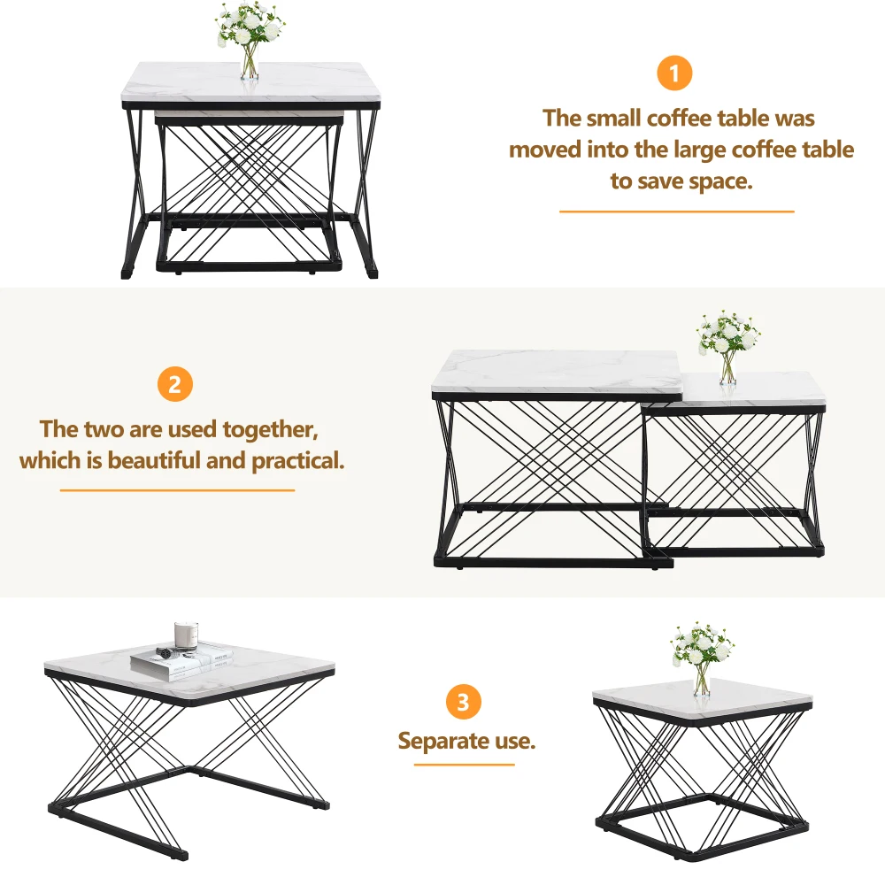 2-teiliges Couchtisch-Set, quadratische Tische in 60 x 60 x 45 cm und 45 x 45 x 40 cm, hochglänzende Marmoroptik, höhenverstellbare Füße, bis zu 30 kg – Detail 23