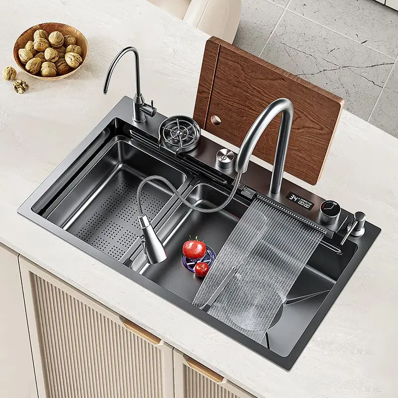 

Piano Digital Display Feiyu Waterfall Kitchen Sink Household Stainless Steel Large Single Slot Multifunctional Nano Water Basin