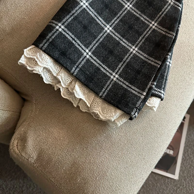 Lace Patchwork Plaid Mini Skirts Women Fall Winter High Waist No Belt Faux Wool Skirts Y2K Fashion Preppy All Match A Line Skirt
