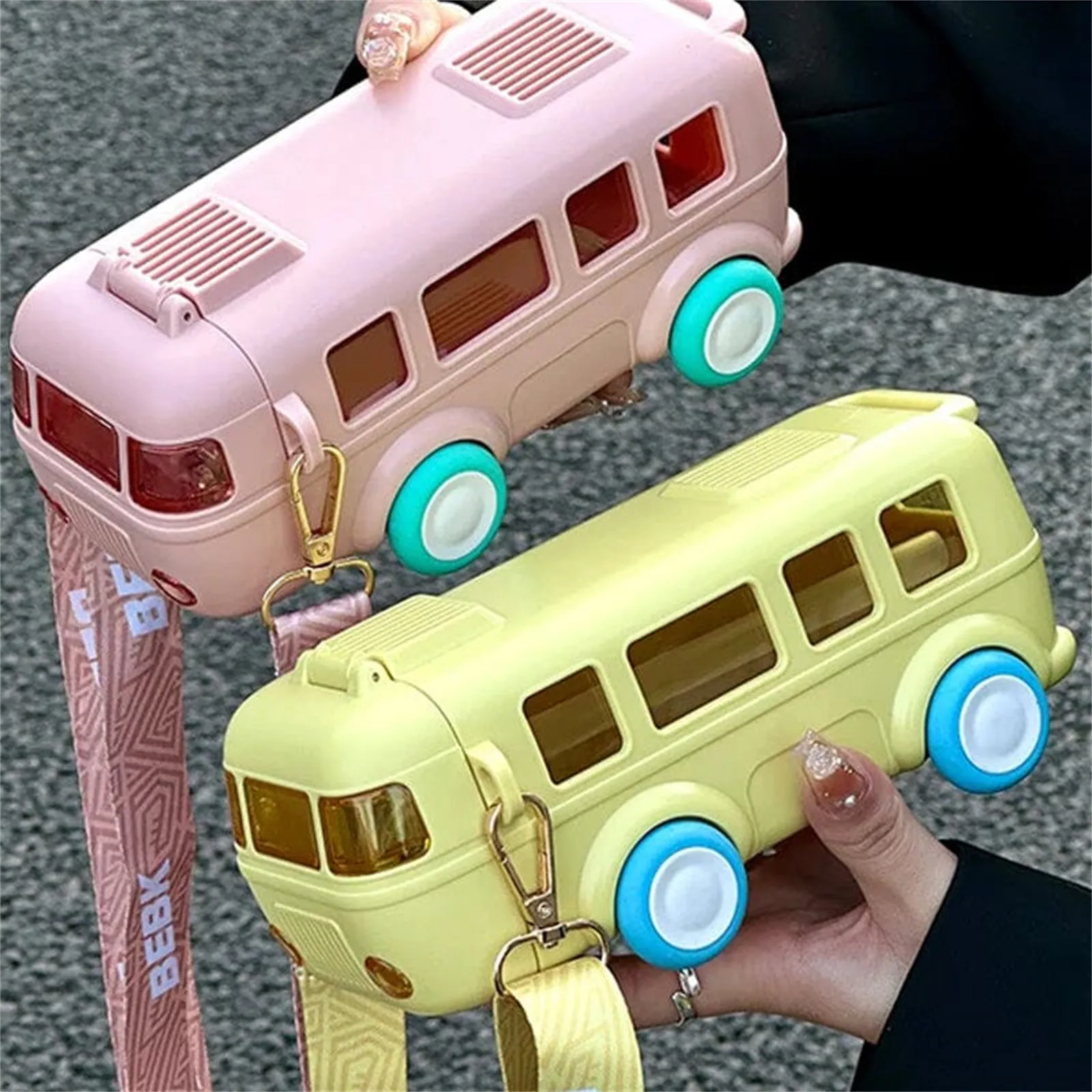 Cute Bus Shape Cup for Kids Portable Water Cup In Bus Shape Children's Small Car Straw Water Bottle with Shoulder Strap