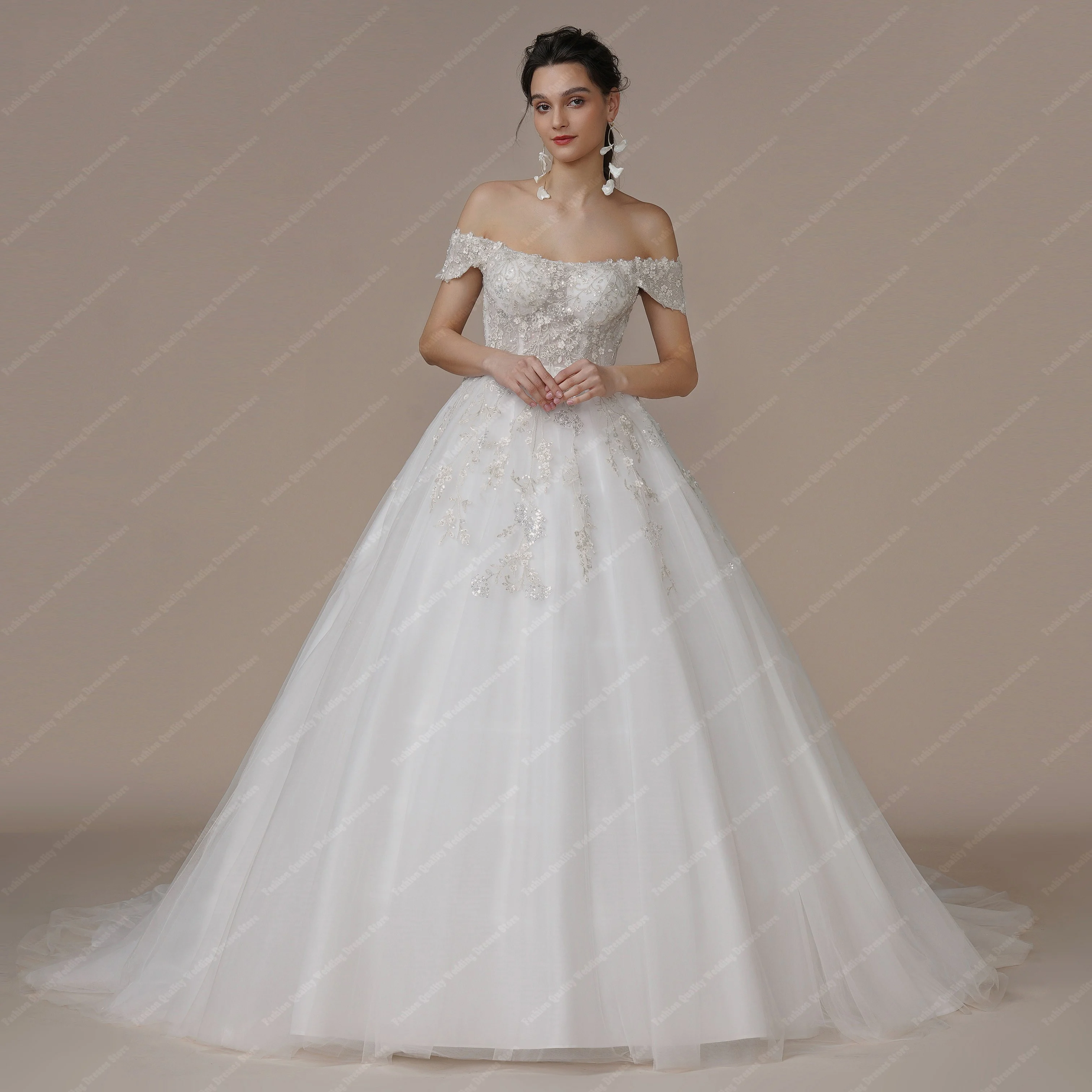 Classic Shining Tulle Wedding Dresses Newest A-Line Off Shoulder  Formal Party Sparkling Sequins Floor Mopping Vestidos De Novia