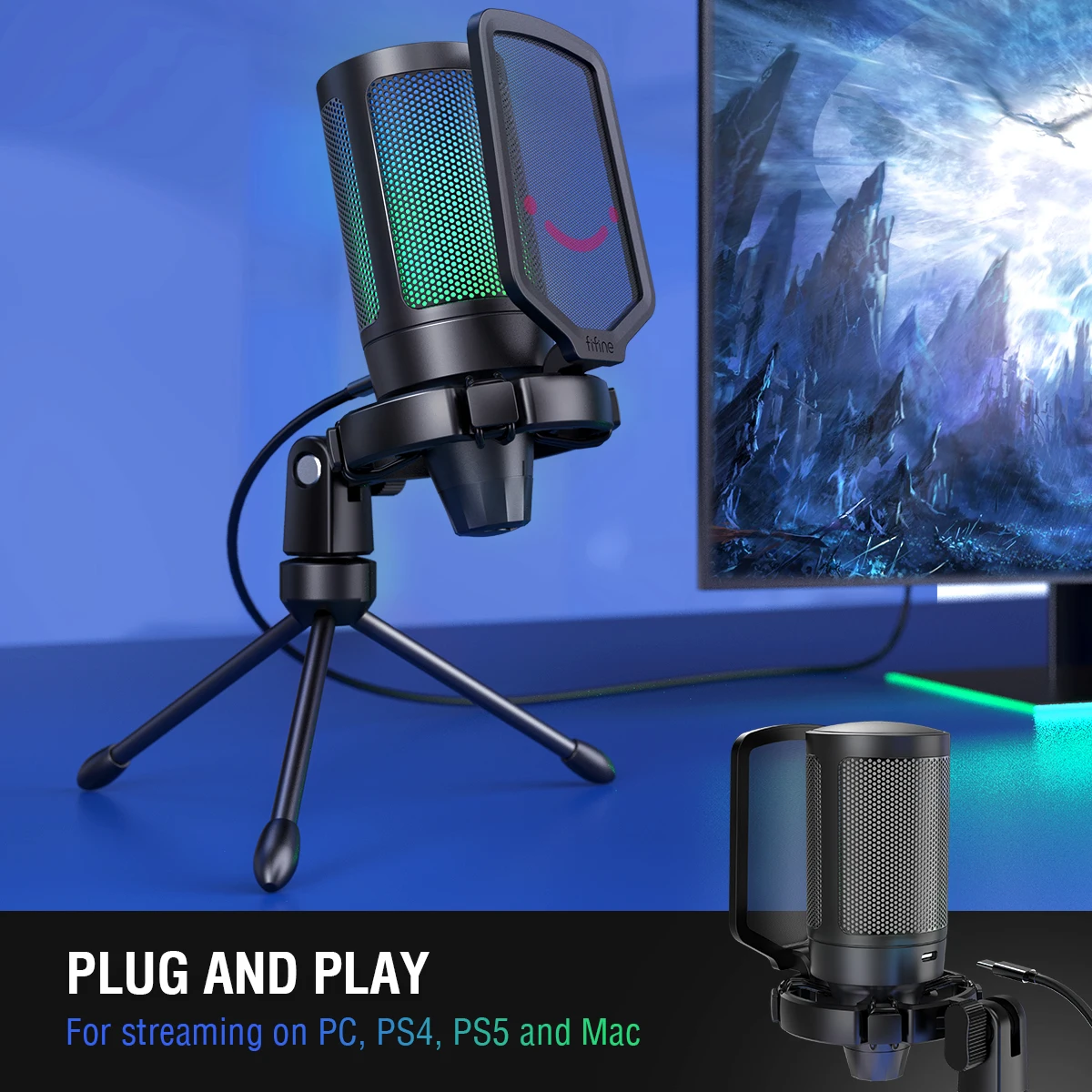 FIFINE USB Gaming Microphone,Condenser MIC with RGB,for PC PS4 PS5 MAC,Suit for Podcasters/Gamers/Influencers/Home Studio — view 2