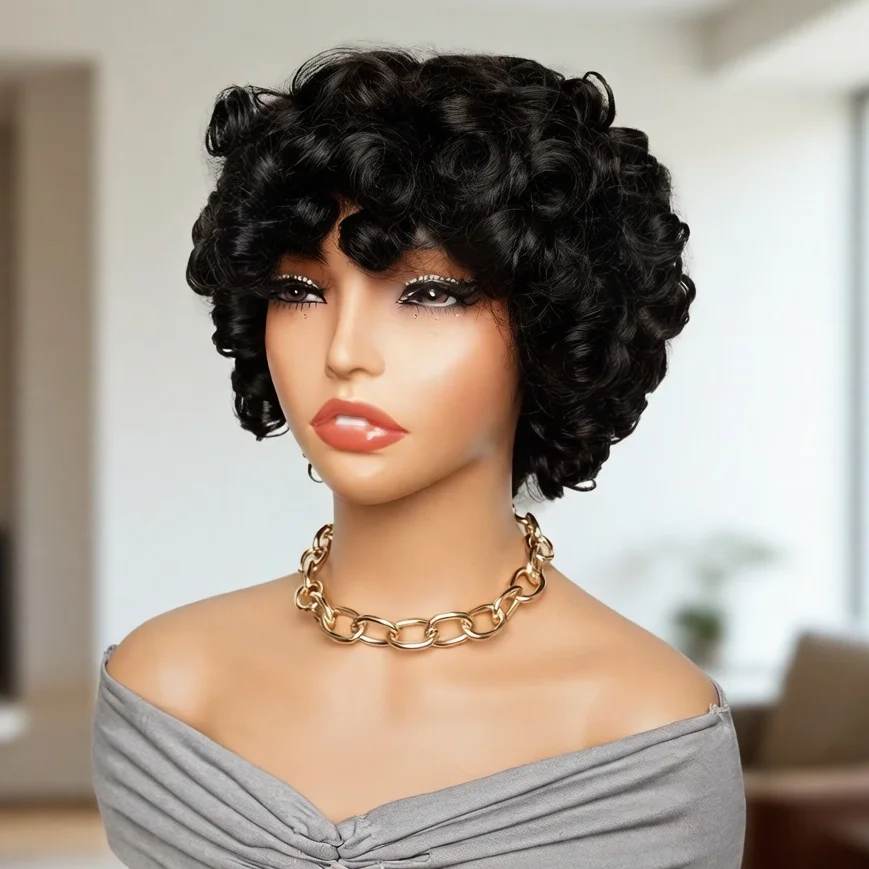 ?   브라질산 인모 가발 짧은 픽시컷 에그밥, 탄력 있는 곱슬머리, 자연스러운 스프링 컬, 여성용, 풀머신메이드