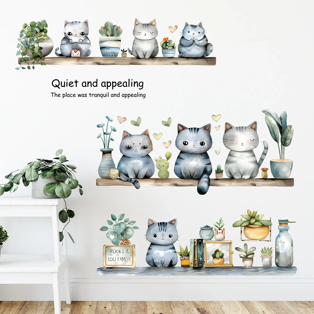 2Pcs Plant Potted Cartoon Cute Cat Wall Sticker for Kids Room Decor Baby Room Bedroom Decoration Living Wall Decals Art