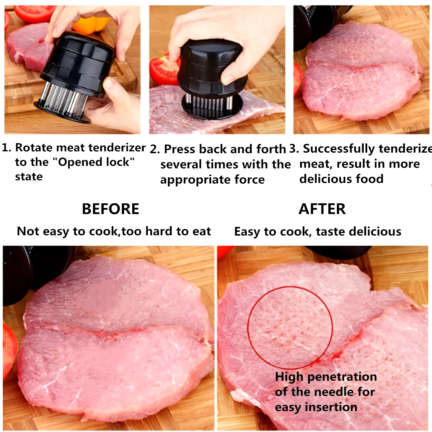 56 Ultra Sharp Blades Needle Meat Tenderizer Stainless Steel Meat Beaf Steak Tenderizer Tool With Safety Lock YY034