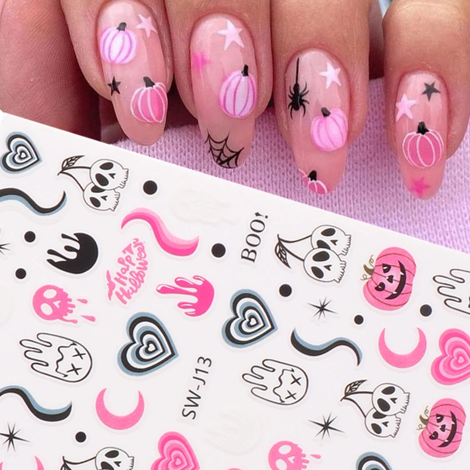 5D Halloween Nagelsticker - 4 Bögen Mit Spinnen, Schädeln, Kürbissen - Selbstklebend Für Maniküre