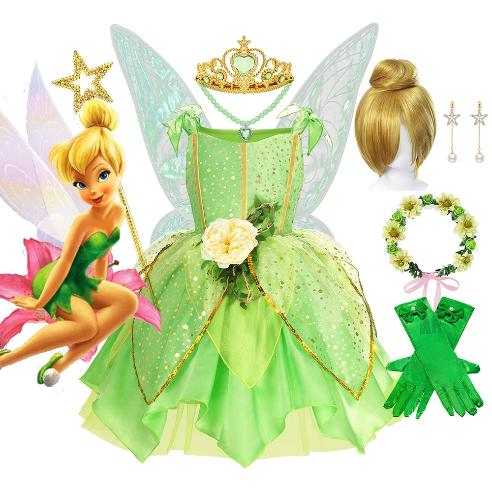 

Disney Tinker Bell Costume for Kids Girl Carnival Halloween Disguise Elf Fairy Baby Girl Birthgday Party Summer Children Clothin