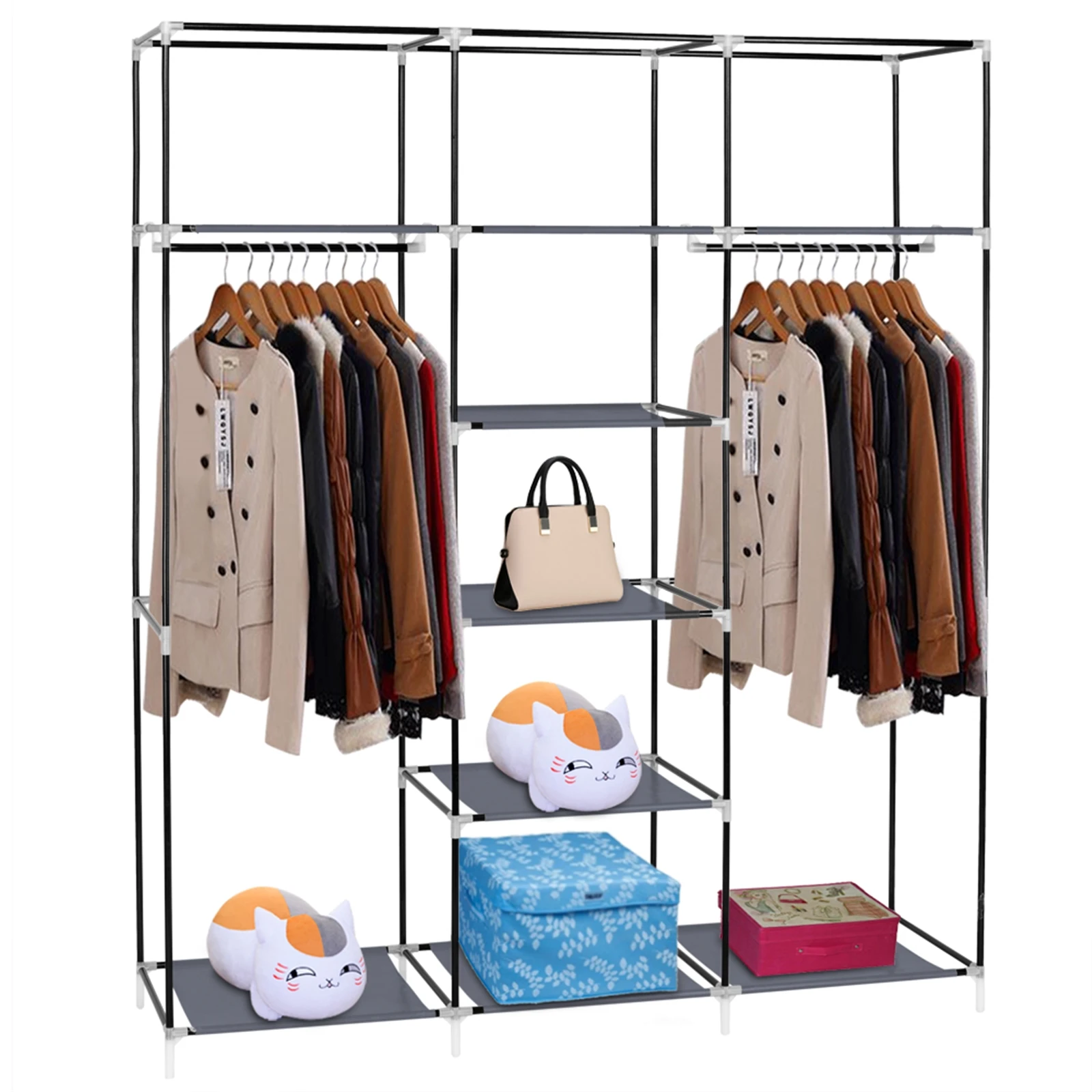 69" Portable Clothes Closet Non-Woven Fabric Wardrobe Double Rod Storage Organizer Gray 3