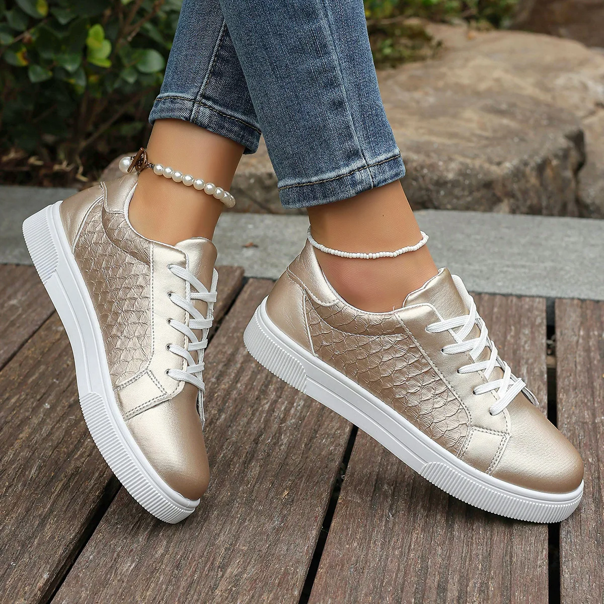 Übergrößen 42 Damen Gold Silber Sneakers Frühling Herbst Neue Damen Mode Schnürschuhe Weiche PU-Leder Boardschuhe Damen Freizeitschuhe – Detail 7
