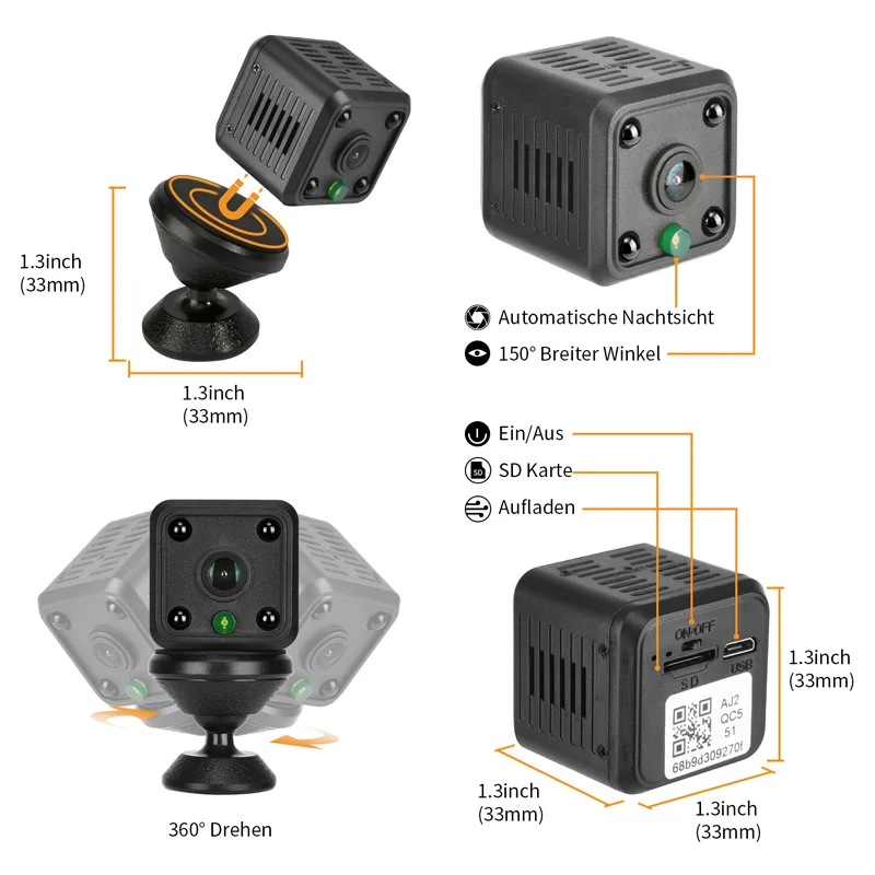 1080p WLAN mini surveillance camera indoor mini 180 ° mini camera with recording tape motion detector night vision suitable for