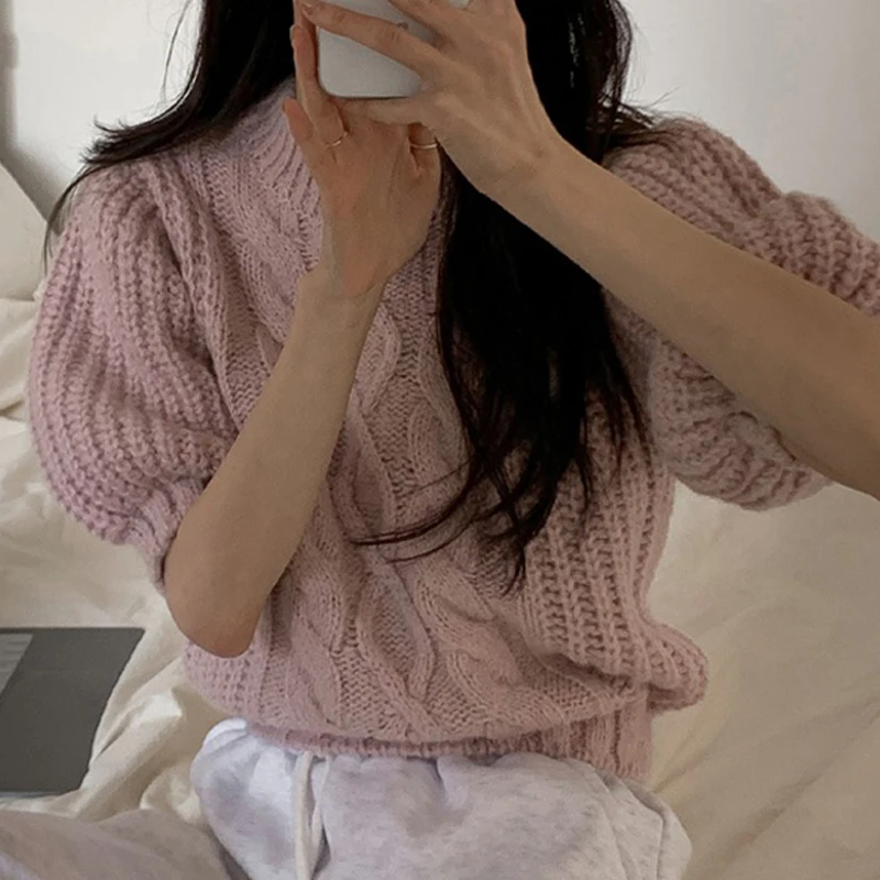 Women Crew Neck Puff Short Sleeve Sweater