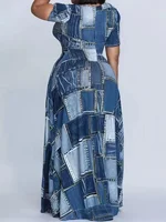 Plus Size 1XL-5XL Women's  Fashionable and Casual Print Round Neck Short Sleeved Flared Hem Long Dress - Image 4