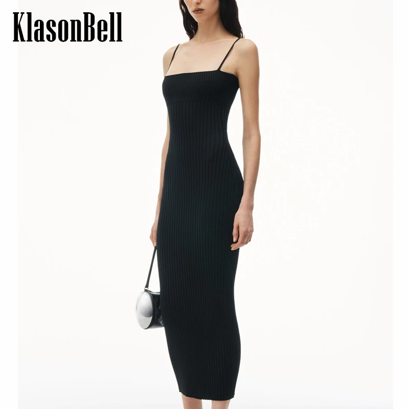 

5.16 KlasonBell Fashion Elegant Sexy Girl Spaghetti Strap Black Dress For Women Slash-neck Stretch Knitted Skinny Long Dress