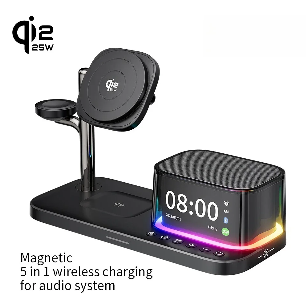 5 in 1 25W 마그네틱 무선 충전 스탠드 블루투스 스피커 아이폰 12-17 Pro Max 애플워치 11-2 SE 에어팟 고속 충전