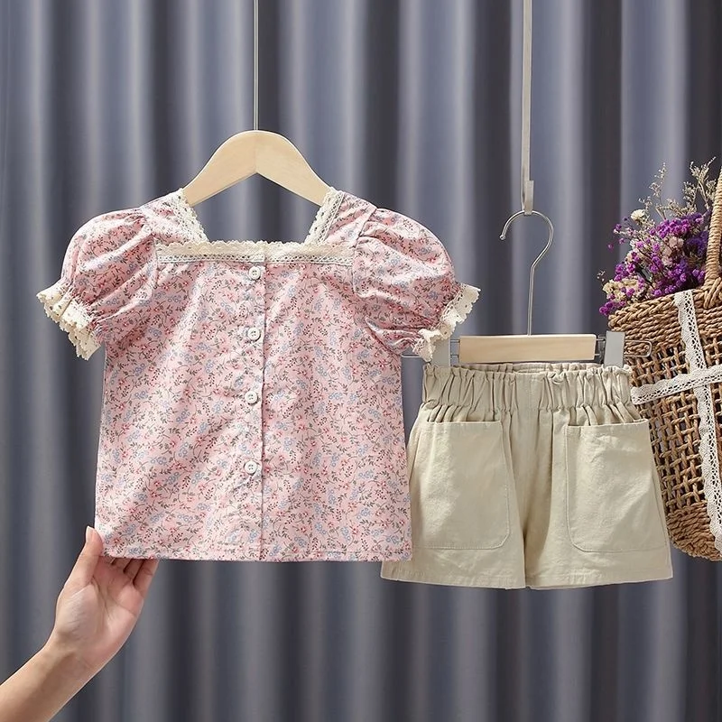 

2023 Girls' Floral T-shirt Shorts Two-piece Sets Summer New Fashion Set Cotton Large Wide Leg Pants Casual Sweet Baby Suit