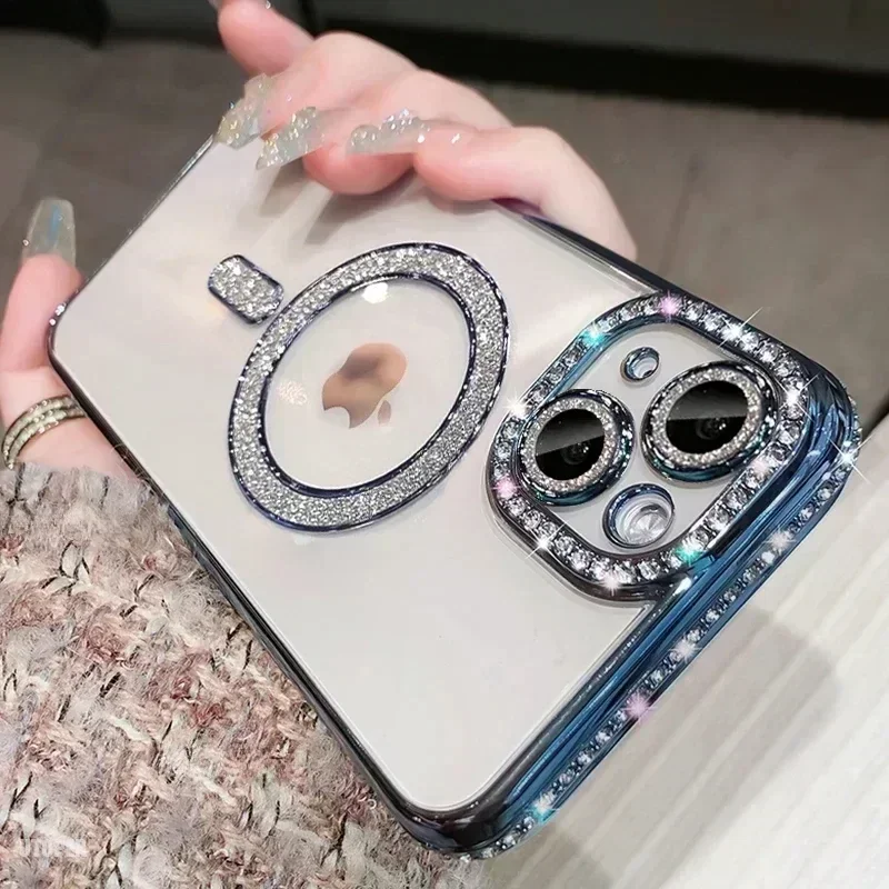Crystal Clear Bling Phone Case with MagSafe Compatibility and Wireless Charging Lens Cover
