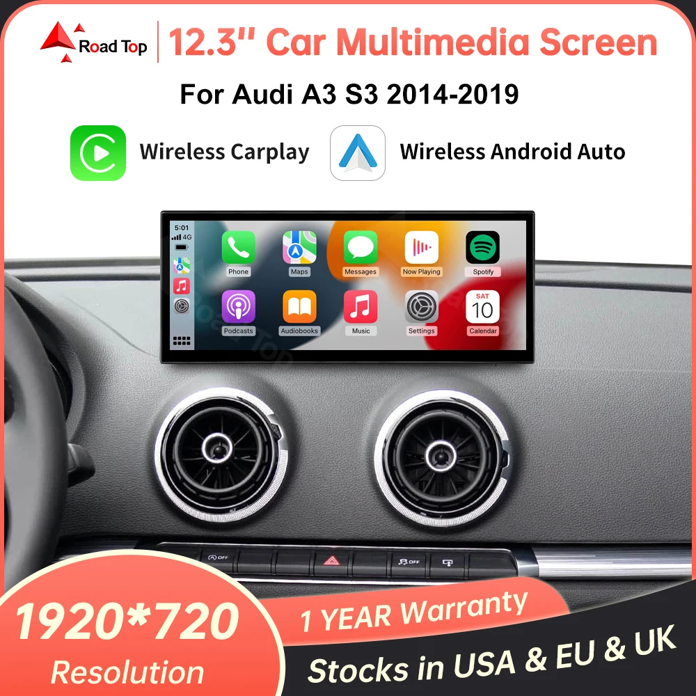 Pantalla táctil Multimedia CarPlay inalámbrica de 12,3 pulgadas para Audi A3 S3 2014-2019 con funciones Android Auto Airplay Autolink 1