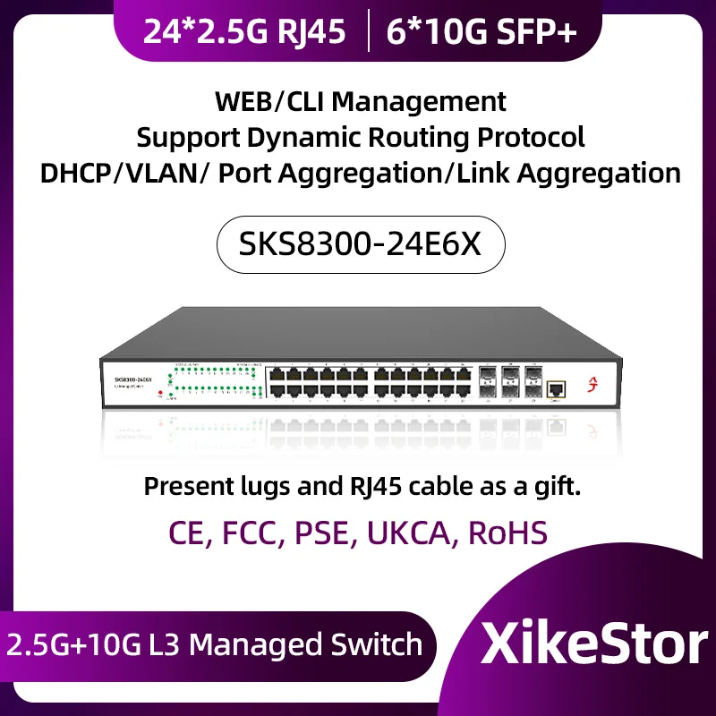 XikeStor 2.5G 10G L3 관리형 24 포트 2.5G RJ45 및 6 포트 10G SFP + 이더넷 지지대 VALN 및 웹/CLI 관리
