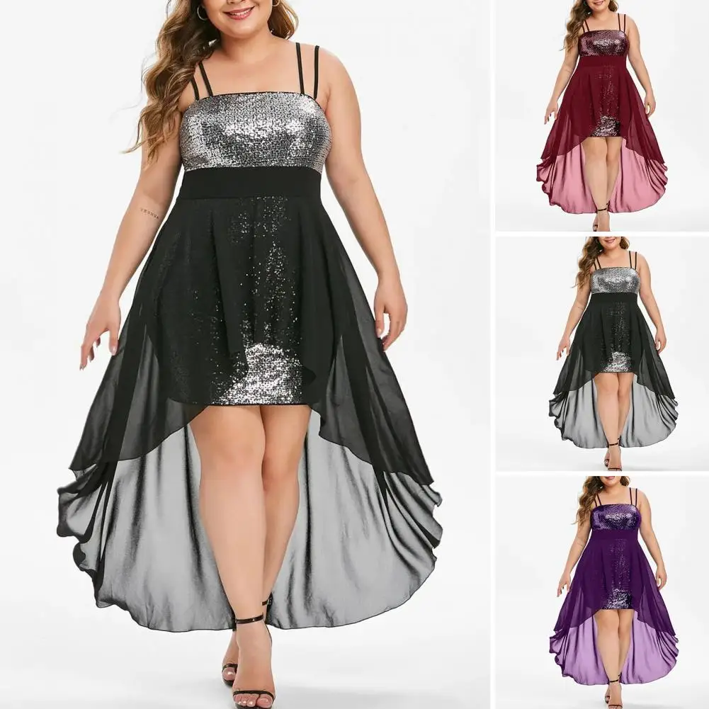 

Sparkling Cocktail Dress Elegant Sequins Slip Dress for Women Irregular Hem Formal Party Clothing with Spaghetti Straps Long