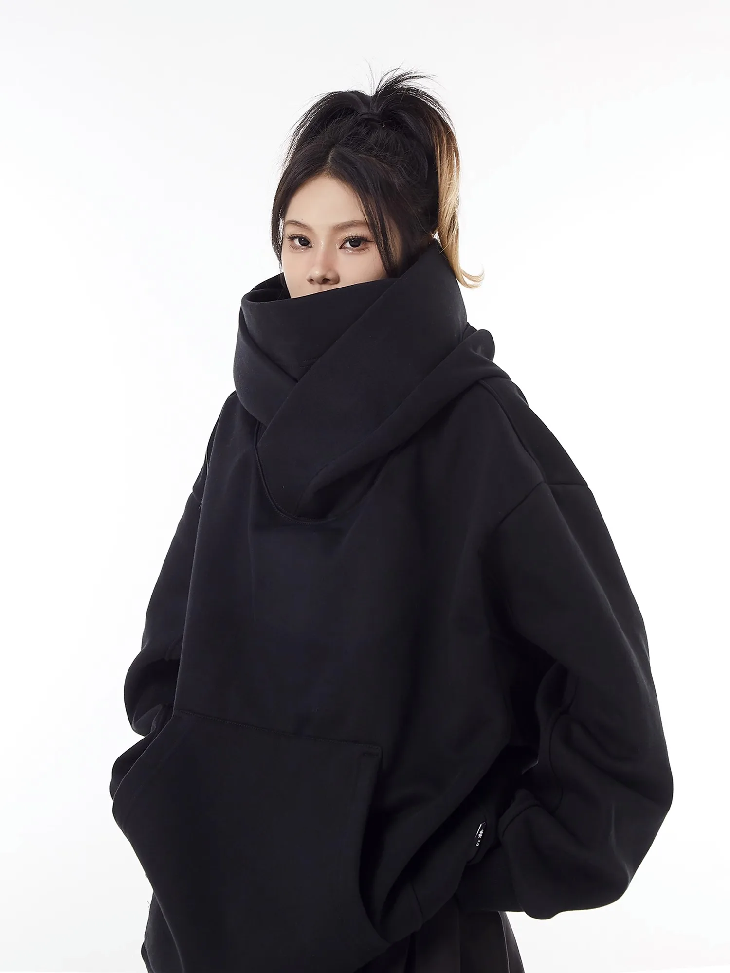 Fashion Commuter All-Match Retro Women's Hoodie Autumn and Winter Fleece-Lined Thick Solid Color Loose Hooded Sweatshirts