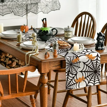 2023 Halloween Fiberflax Table Runner and Placemat Set - Washable Tablecloth with Pumpkin and Ghost Design for Dining Table Decoration